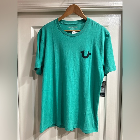 True Religion Medium Tshirt Turquoise Aqua Buddha with a Guitar Horseshoe Men’s - Picture 3 of 7